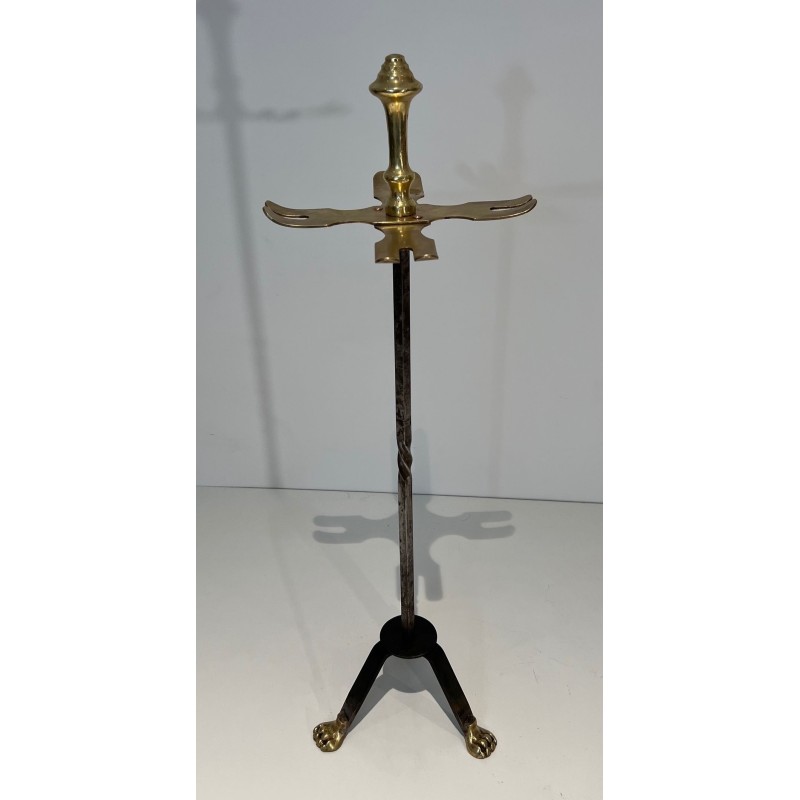 Brass and Brushed Steel Fireplace Companion Set with Claw Feet, Attributed to Maison Jansen. France. Circa 1940.