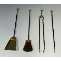Brass and Brushed Steel Fireplace Companion Set with Claw Feet, Attributed to Maison Jansen. France. Circa 1940.