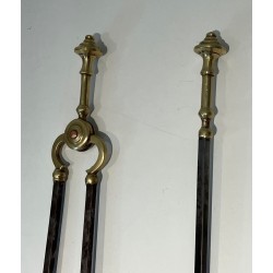Brass and Brushed Steel Fireplace Companion Set with Claw Feet, Attributed to Maison Jansen. France. Circa 1940.