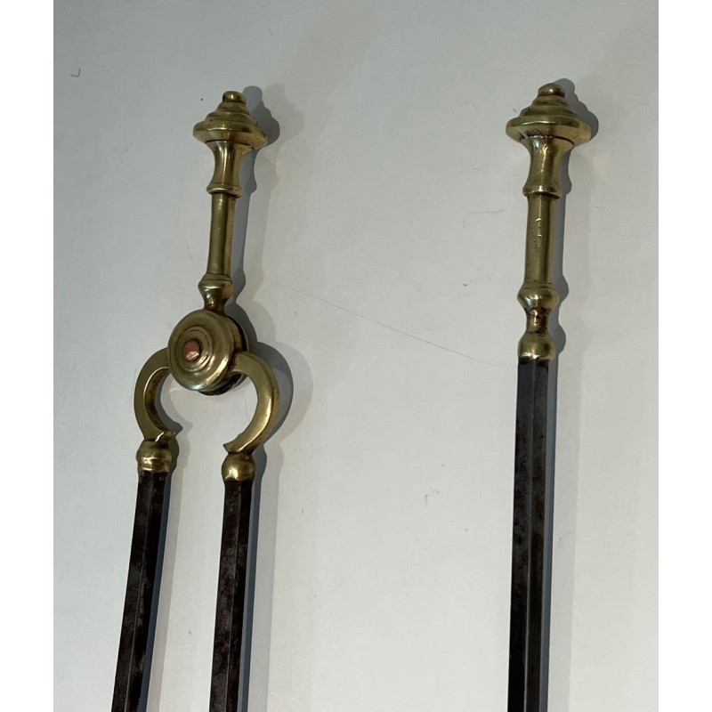 Brass and Brushed Steel Fireplace Companion Set with Claw Feet, Attributed to Maison Jansen. France. Circa 1940.