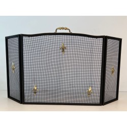 Neoclassical Style Three-Panel Expanded Steel Mesh Fireplace Screen with Brass Fleur-de-Lys. France. Circa 1940.