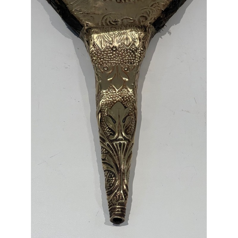 Louis XVI Style Fireplace Bellows in Embossed Brass with Female Figure. France. Circa 1900.