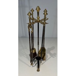 Brass and Brushed Steel Fireplace Companion Set with Claw Feet, Attributed to Maison Jansen. France. Circa 1940.