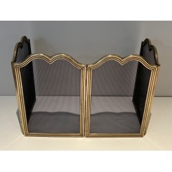 Neoclassical Style Four-Panel Brass and Steel Mesh Fireplace Screen with Scalloped Crest Rails. France. Circa 1970.