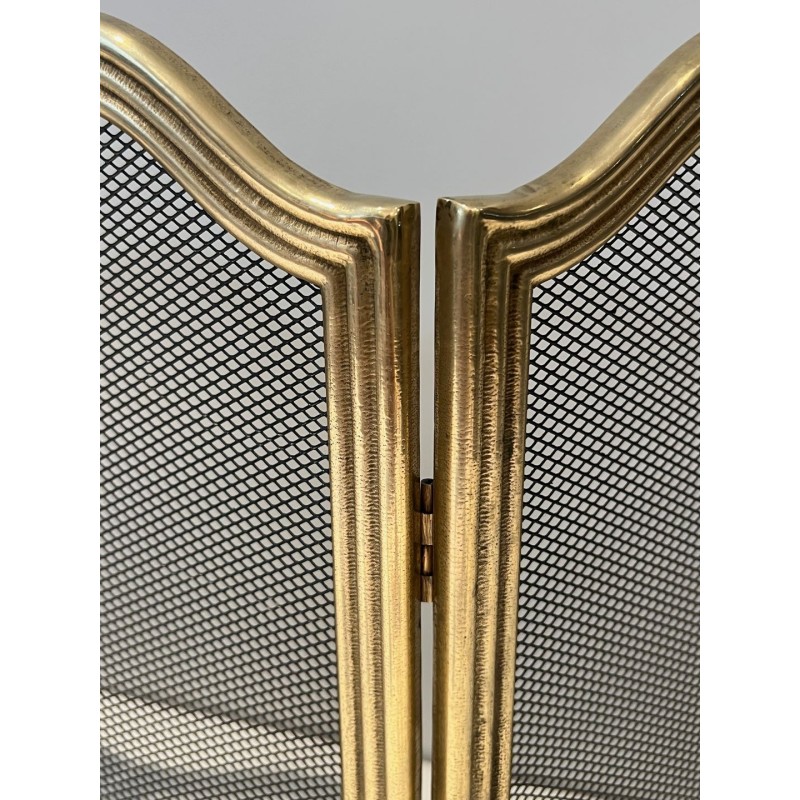 Neoclassical Style Four-Panel Brass and Steel Mesh Fireplace Screen with Scalloped Crest Rails. France. Circa 1970.