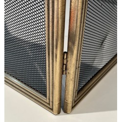 Neoclassical Style Four-Panel Brass and Steel Mesh Fireplace Screen with Scalloped Crest Rails. France. Circa 1970.