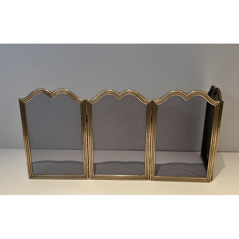 Neoclassical Style Four-Panel Brass and Steel Mesh Fireplace Screen with Scalloped Crest Rails. France. Circa 1970.