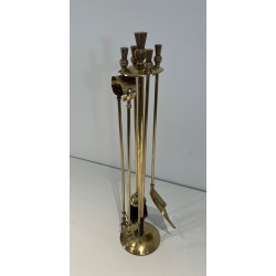 Neoclassical Style Brass Fireplace Companion Set with Pineapple Finials, in the Manner of Maison Jansen. France. Circa 1970.
