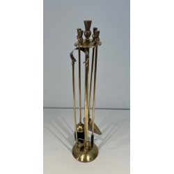 Neoclassical Style Brass Fireplace Companion Set with Pineapple Finials, in the Manner of Maison Jansen. France. Circa 1970.