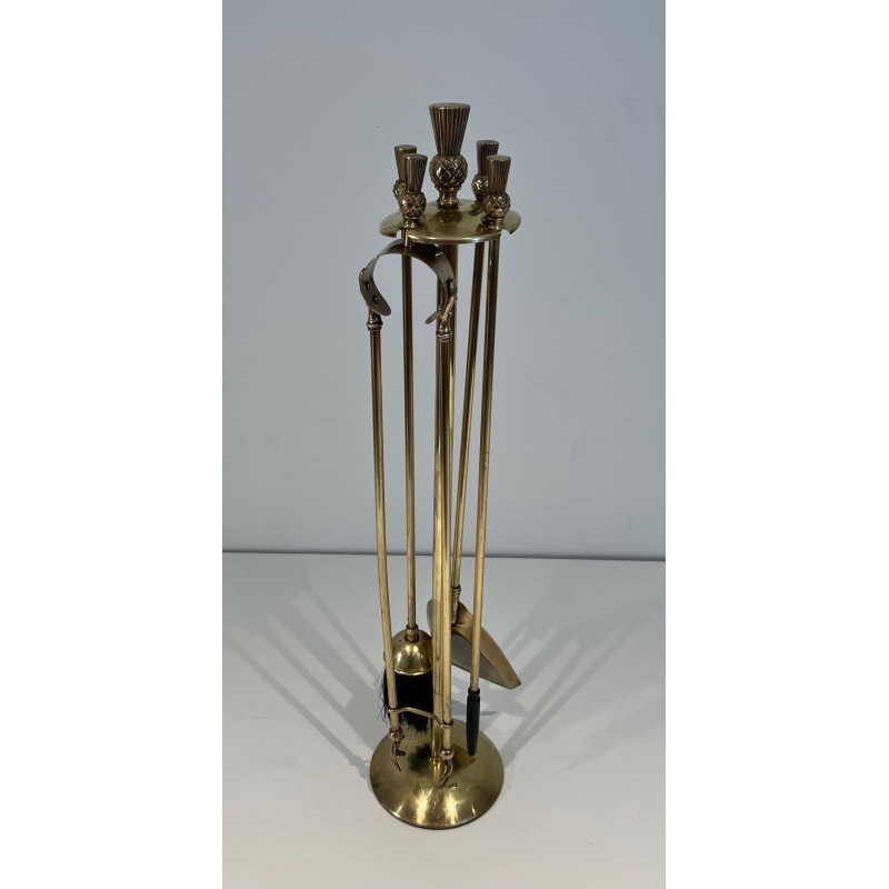 Neoclassical Style Brass Fireplace Companion Set with Pineapple Finials, in the Manner of Maison Jansen. France. Circa 1970.