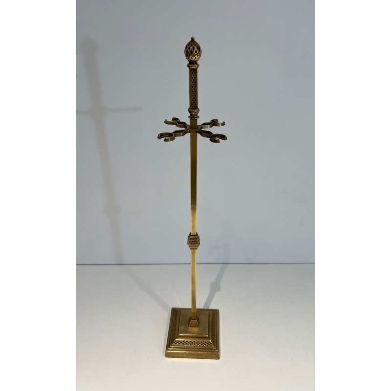 Neoclassical Style Finely Chased Bronze and Brass Fireplace Companion Set with Reticulated Ball Finials. France. Circa 1930.