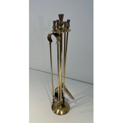 Neoclassical Style Brass Fireplace Companion Set with Pineapple Finials, in the Manner of Maison Jansen. France. Circa 1970.