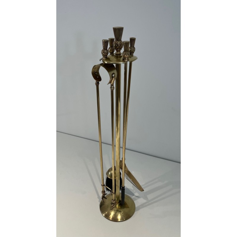 Neoclassical Style Brass Fireplace Companion Set with Pineapple Finials, in the Manner of Maison Jansen. France. Circa 1970.