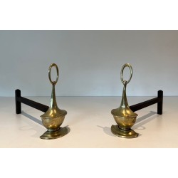 Paire de Chenets en Bronze de Style Néoclassique en Forme de Lampe à Huile à Anneau. Angleterre. Vers 1960.