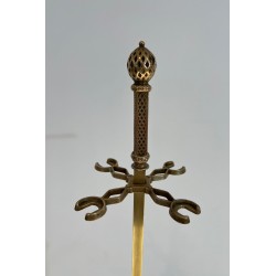 Neoclassical Style Finely Chased Bronze and Brass Fireplace Companion Set with Reticulated Ball Finials. France. Circa 1930.