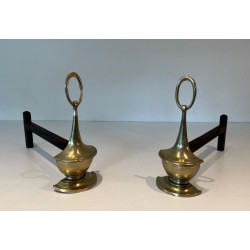 Pair of Neoclassical Style Bronze Andirons of Oil Lamp Form with Ring Finials. England. Circa 1960.