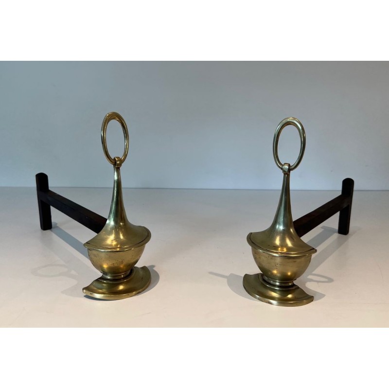 Paire de Chenets en Bronze de Style Néoclassique en Forme de Lampe à Huile à Anneau. Angleterre. Vers 1960.