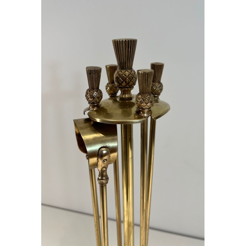 Neoclassical Style Brass Fireplace Companion Set with Pineapple Finials, in the Manner of Maison Jansen. France. Circa 1970.