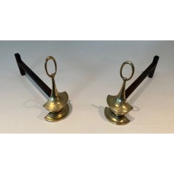 Pair of Neoclassical Style Bronze Andirons of Oil Lamp Form with Ring Finials. England. Circa 1960.