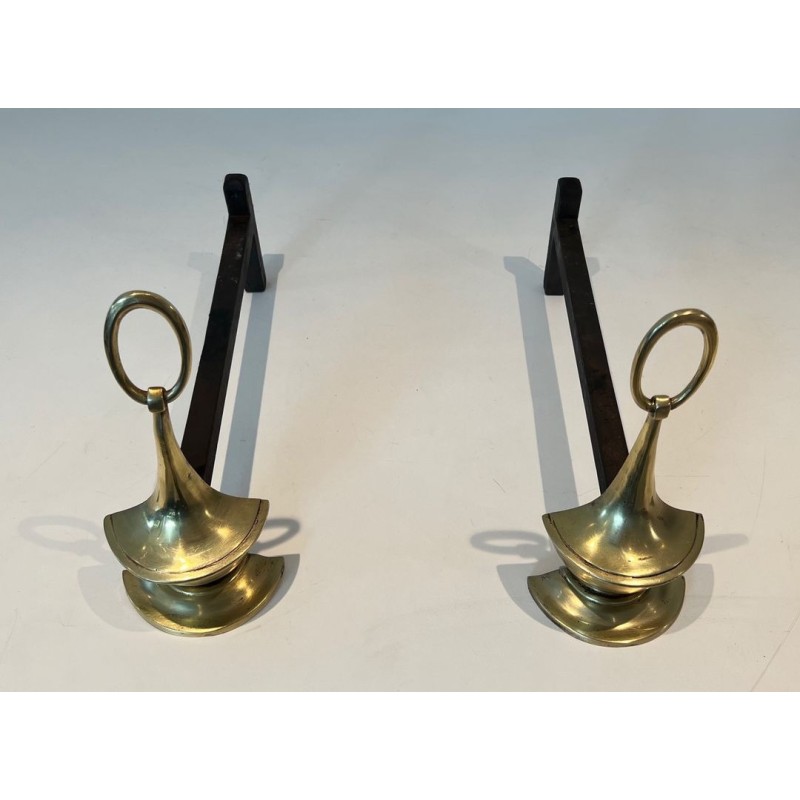 Pair of Neoclassical Style Bronze Andirons of Oil Lamp Form with Ring Finials. England. Circa 1960.