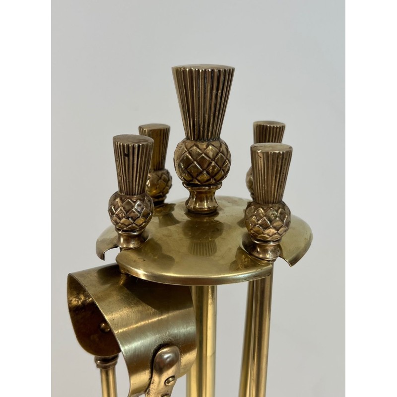 Neoclassical Style Brass Fireplace Companion Set with Pineapple Finials, in the Manner of Maison Jansen. France. Circa 1970.