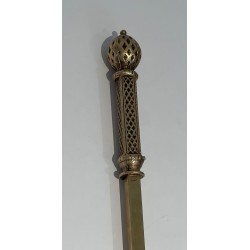 Neoclassical Style Finely Chased Bronze and Brass Fireplace Companion Set with Reticulated Ball Finials. France. Circa 1930.