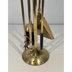 Neoclassical Style Brass Fireplace Companion Set with Pineapple Finials, in the Manner of Maison Jansen. France. Circa 1970.