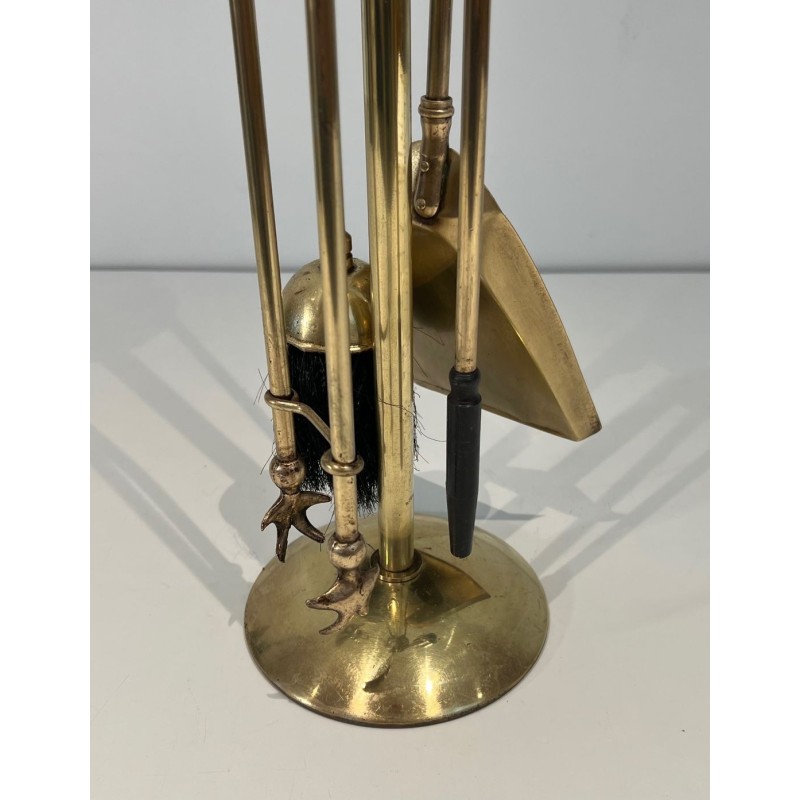 Neoclassical Style Brass Fireplace Companion Set with Pineapple Finials, in the Manner of Maison Jansen. France. Circa 1970.