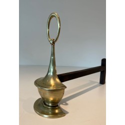 Pair of Neoclassical Style Bronze Andirons of Oil Lamp Form with Ring Finials. England. Circa 1960.