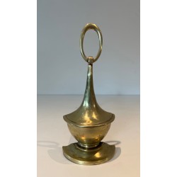 Pair of Neoclassical Style Bronze Andirons of Oil Lamp Form with Ring Finials. England. Circa 1960.