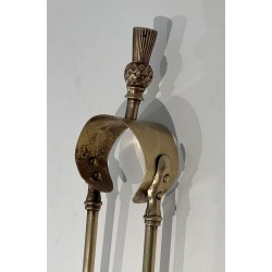 Neoclassical Style Brass Fireplace Companion Set with Pineapple Finials, in the Manner of Maison Jansen. France. Circa 1970.