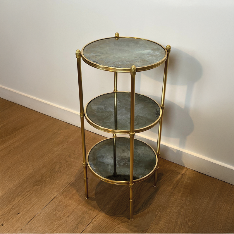 Sellette Ronde en Bronze à Triple Plateaux de Miroirs Eglomisés de la Maison Baguès