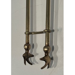 Neoclassical Style Brass Fireplace Companion Set with Pineapple Finials, in the Manner of Maison Jansen. France. Circa 1970.