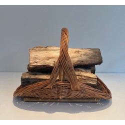 Rattan Wicker Log Basket of D-Shaped Form with Arched Carrying Handle. France. Circa 1970.