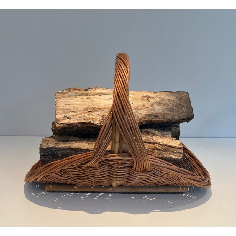Rattan Wicker Log Basket of D-Shaped Form with Arched Carrying Handle. France. Circa 1970.