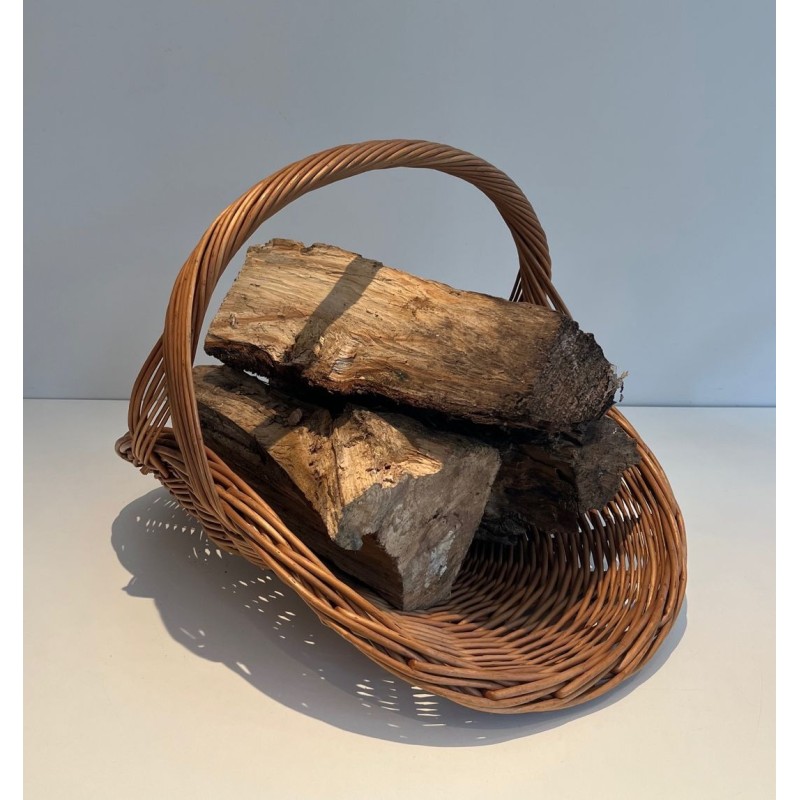 Rattan Wicker Log Basket of D-Shaped Form with Arched Carrying Handle. France. Circa 1970.