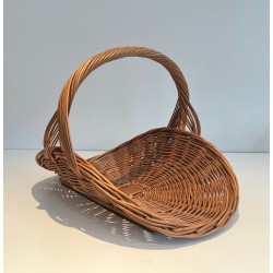 Rattan Wicker Log Basket of D-Shaped Form with Arched Carrying Handle. France. Circa 1970.