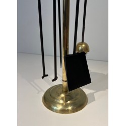 Nécessaire de Feu Design en Métal Laqué Noir et Laiton Poli. France. Vers 1970.