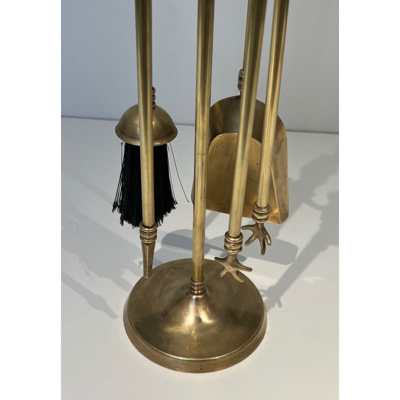 Neoclassical Style Brass Fireplace Companion Set with Horse Head Finials, in the Manner of Maison Jansen. France. Circa 1950.