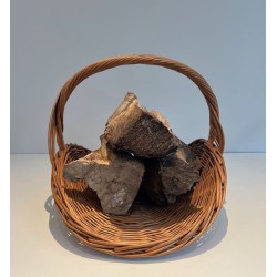 Rattan Wicker Log Basket of D-Shaped Form with Arched Carrying Handle. France. Circa 1970.