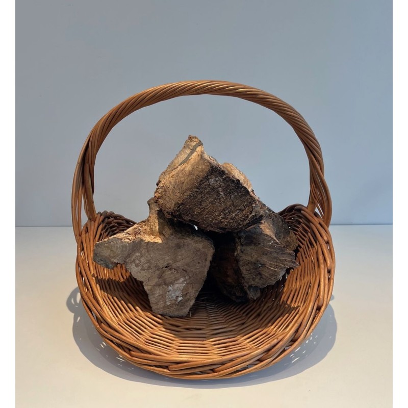 Rattan Wicker Log Basket of D-Shaped Form with Arched Carrying Handle. France. Circa 1970.