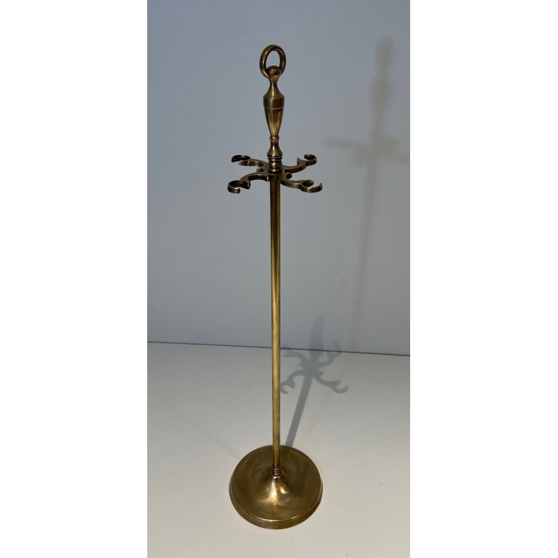 Neoclassical Style Brass Fireplace Companion Set with Horse Head Finials, in the Manner of Maison Jansen. France. Circa 1950.