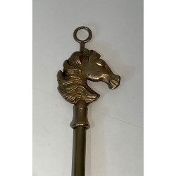 Neoclassical Style Brass Fireplace Companion Set with Horse Head Finials, in the Manner of Maison Jansen. France. Circa 1950.