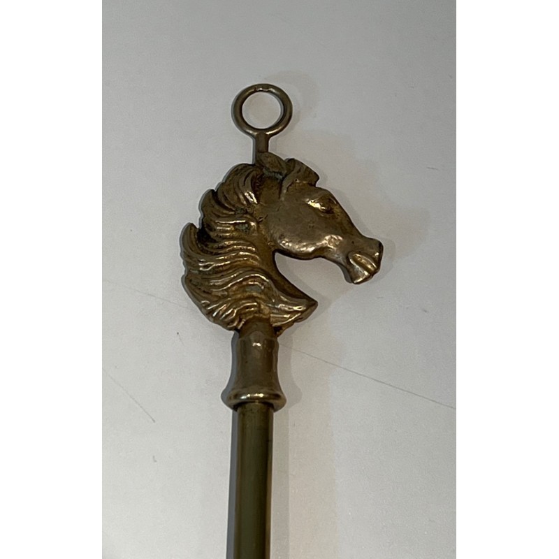 Neoclassical Style Brass Fireplace Companion Set with Horse Head Finials, in the Manner of Maison Jansen. France. Circa 1950.