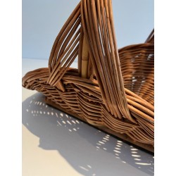Rattan Wicker Log Basket of D-Shaped Form with Arched Carrying Handle. France. Circa 1970.