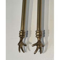 Neoclassical Style Brass Fireplace Companion Set with Horse Head Finials, in the Manner of Maison Jansen. France. Circa 1950.