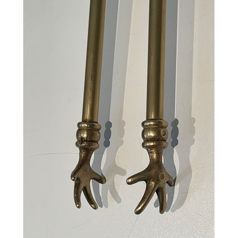 Neoclassical Style Brass Fireplace Companion Set with Horse Head Finials, in the Manner of Maison Jansen. France. Circa 1950.