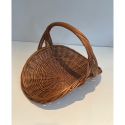 Rattan Wicker Log Basket of D-Shaped Form with Arched Carrying Handle. France. Circa 1970.