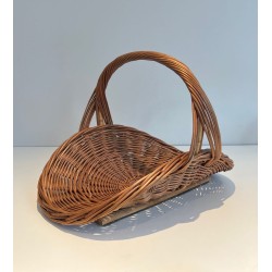 Rattan Wicker Log Basket of D-Shaped Form with Arched Carrying Handle. France. Circa 1970.