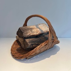 Rattan Wicker Log Basket of D-Shaped Form with Arched Carrying Handle. France. Circa 1970.